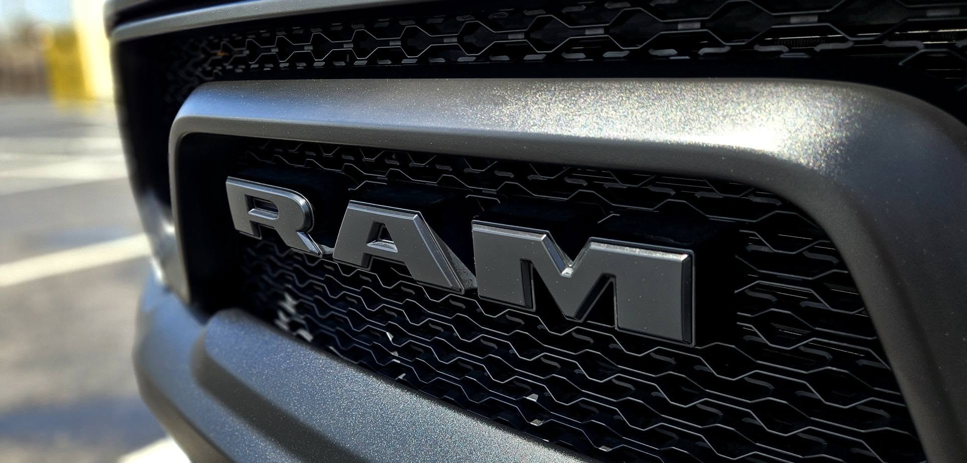 Ram grille close-up with blacked-out badge detail
