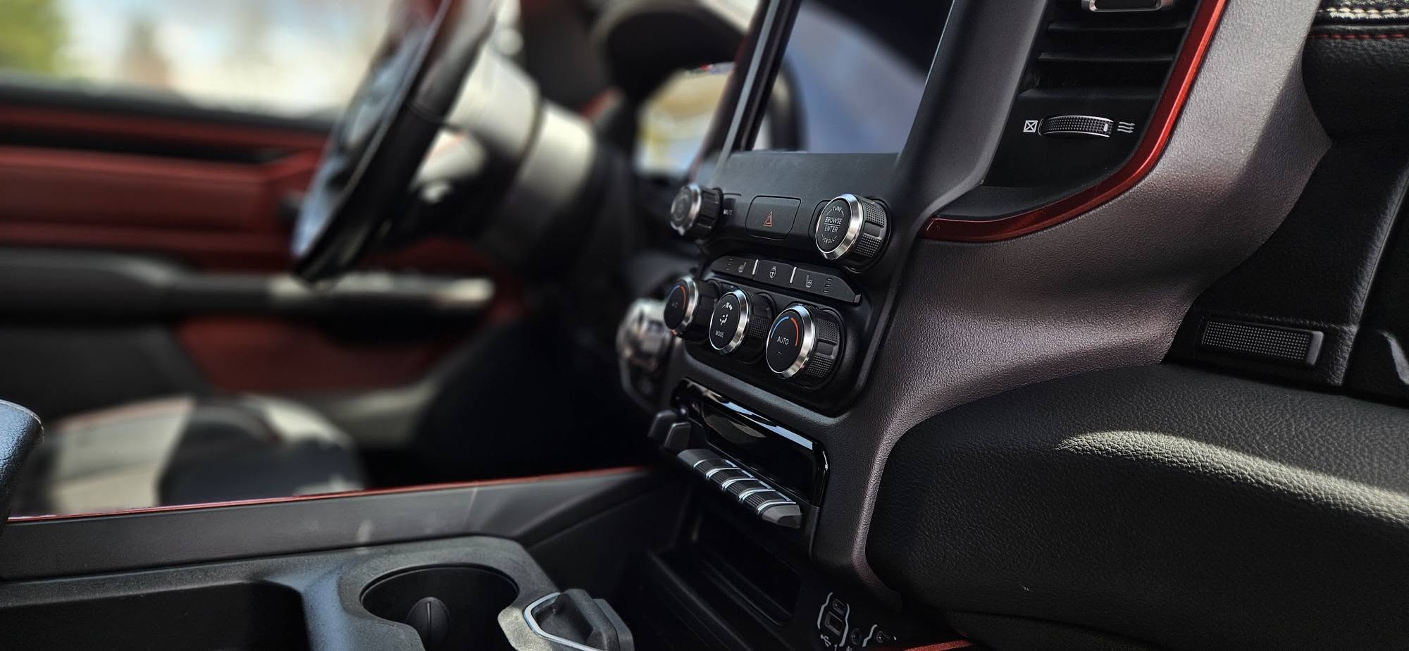 Ram Rebel center stack and red interior detail